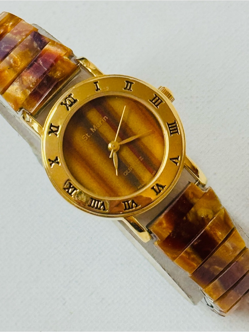 Vintage St Marin Tiger's Eye Women's Watch 6.25" MAX Gold Stretch Band